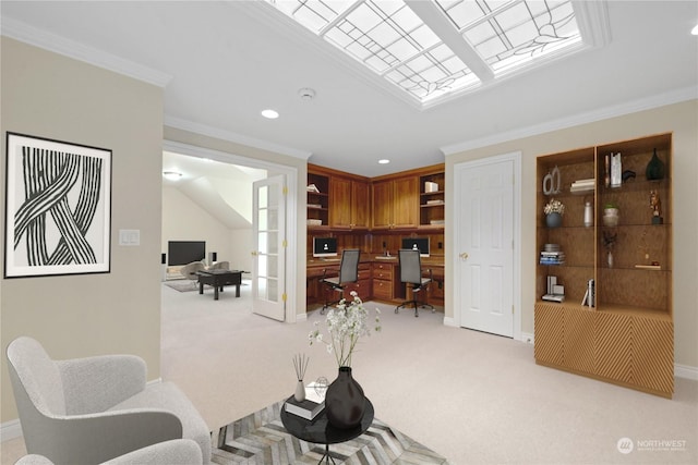 interior space with crown molding, light colored carpet, and french doors