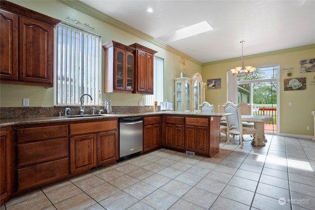 kitchen with sink, light tile patterned flooring, dishwasher, crown molding, and an inviting chandelier