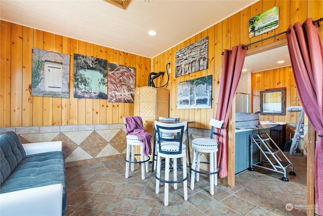 living room with wood walls