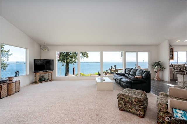 living room with lofted ceiling, a water view, and a wealth of natural light