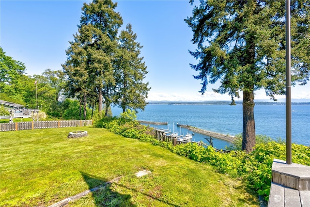 property view of water featuring a boat dock and a fire pit