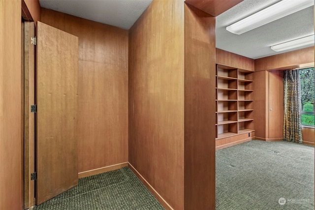 interior space featuring a textured ceiling, dark carpet, and wooden walls