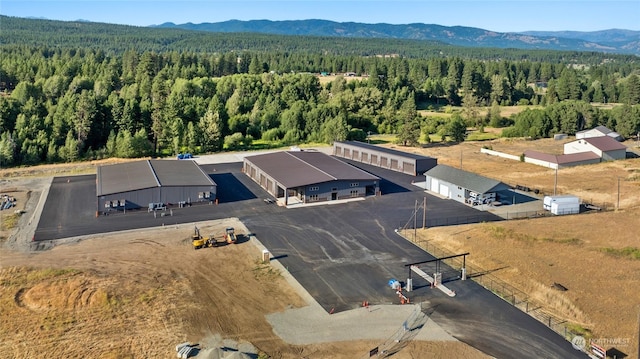 bird's eye view featuring a wooded view and a mountain view