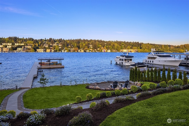 view of dock featuring a water view and a yard