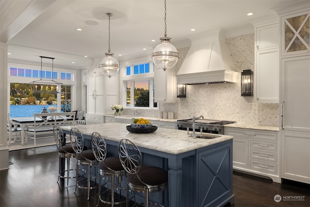 kitchen featuring a wealth of natural light, a center island with sink, custom exhaust hood, and dark hardwood / wood-style flooring