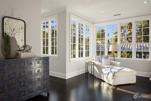 sitting room featuring crown molding and dark hardwood / wood-style floors