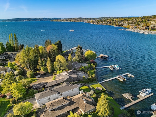 birds eye view of property with a water view