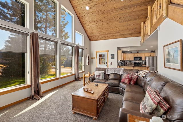 living room featuring high vaulted ceiling, wooden ceiling, and dark carpet