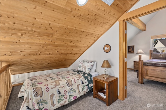 carpeted bedroom with vaulted ceiling and wood ceiling