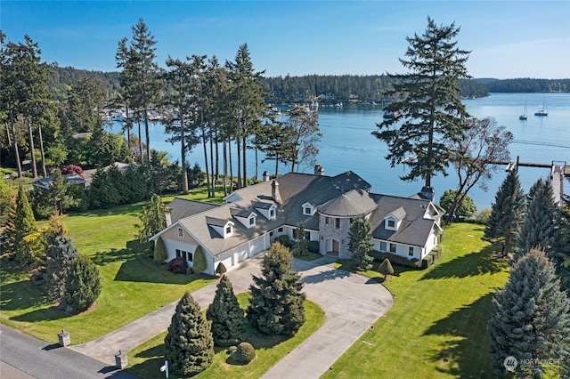 drone / aerial view featuring a water view