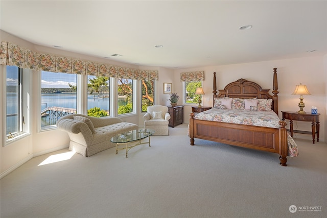 carpeted bedroom with a water view