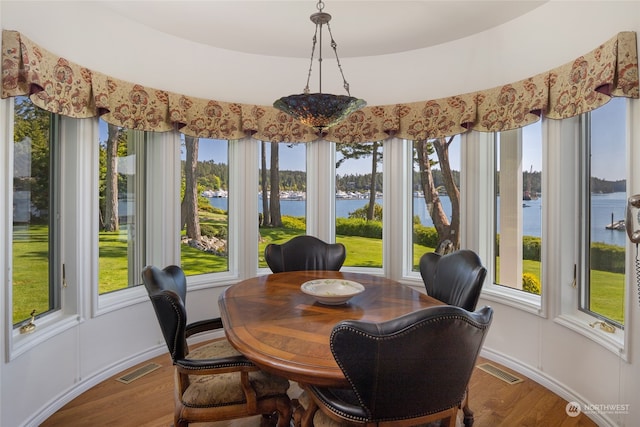 sunroom / solarium with a water view