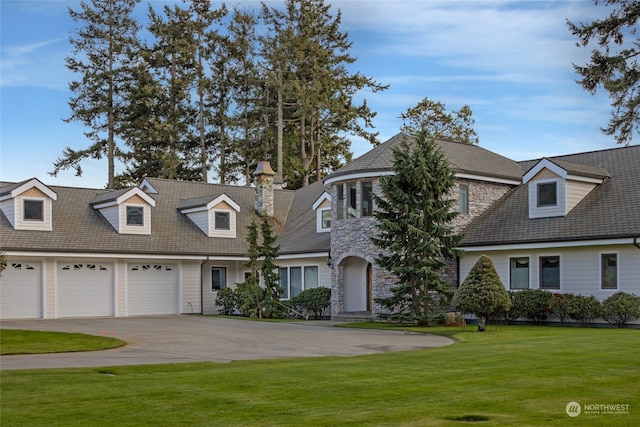 cape cod house with a garage and a front lawn