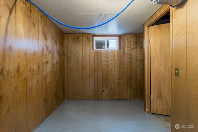 basement featuring wood walls