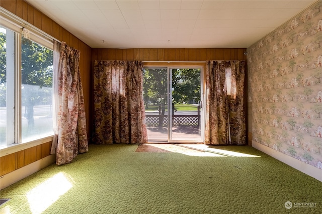 carpeted empty room with wood walls