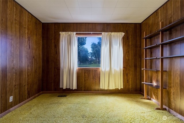 carpeted spare room with wood walls