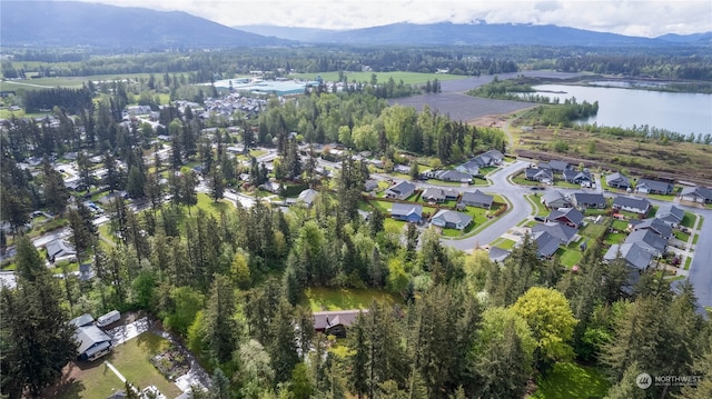 birds eye view of property featuring a water and mountain view