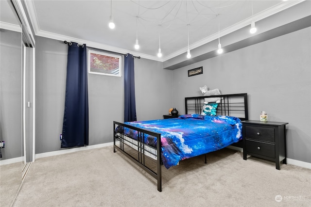 bedroom with light carpet and crown molding