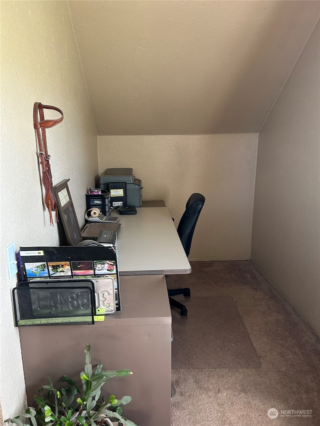 carpeted office space with vaulted ceiling