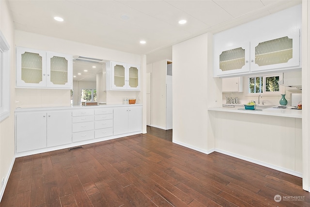 kitchen featuring white cabinets, dark hardwood / wood-style flooring, and backsplash