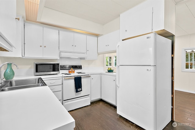 kitchen with a healthy amount of sunlight, dark hardwood / wood-style flooring, white appliances, and sink