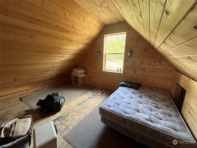 unfurnished bedroom with lofted ceiling, wooden walls, and wood ceiling