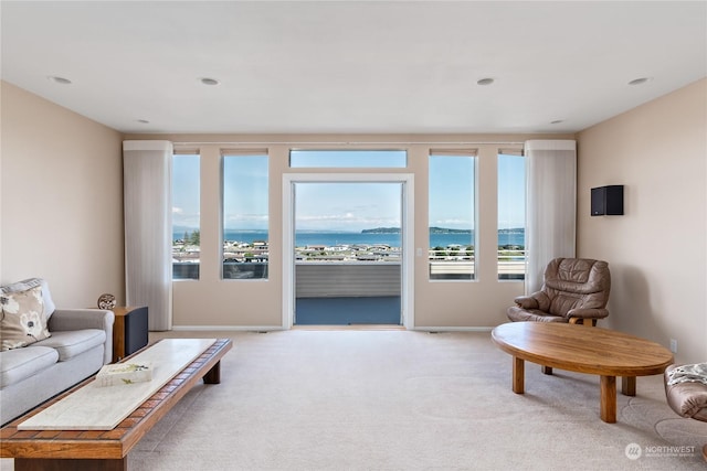 carpeted living room featuring a water view