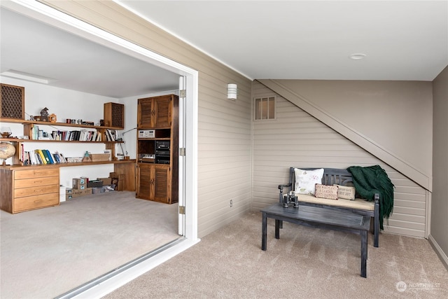 sitting room with carpet flooring and wooden walls