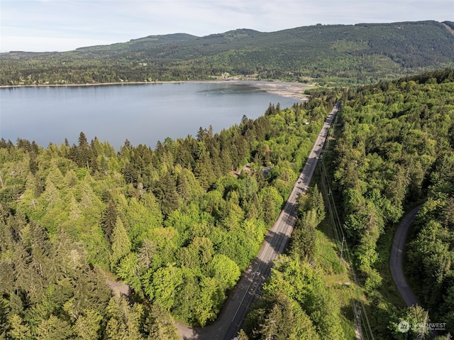 bird's eye view with a water and mountain view