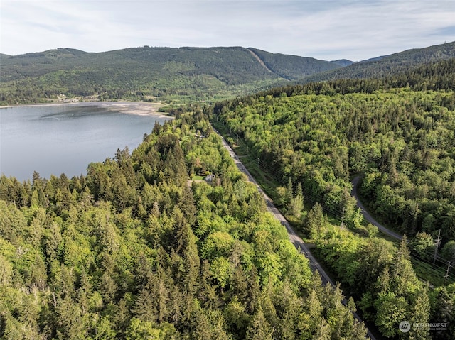 aerial view featuring a water and mountain view