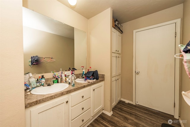 bathroom with dual bowl vanity and hardwood / wood-style floors