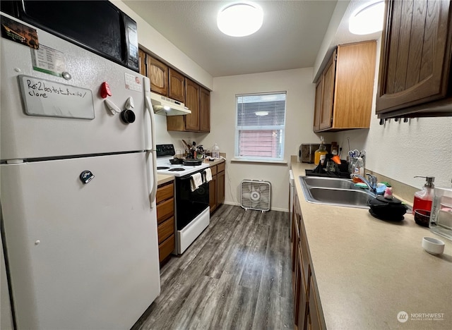 712714 142nd Pl SE, Bellevue, WA 98007 - kitchen with white appliances, light countertops, dark wood finished floors, and under cabinet range hood