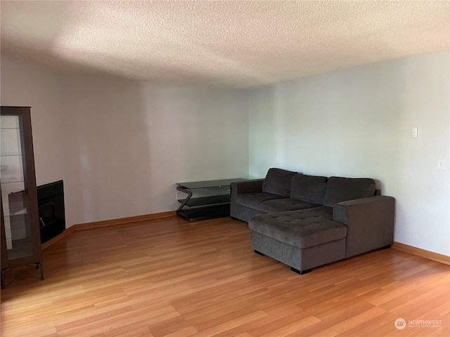 living room featuring light hardwood / wood-style floors and a textured ceiling