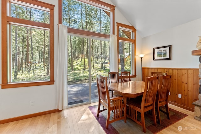 dining room with vaulted ceiling, plenty of natural light, and light hardwood / wood-style floors