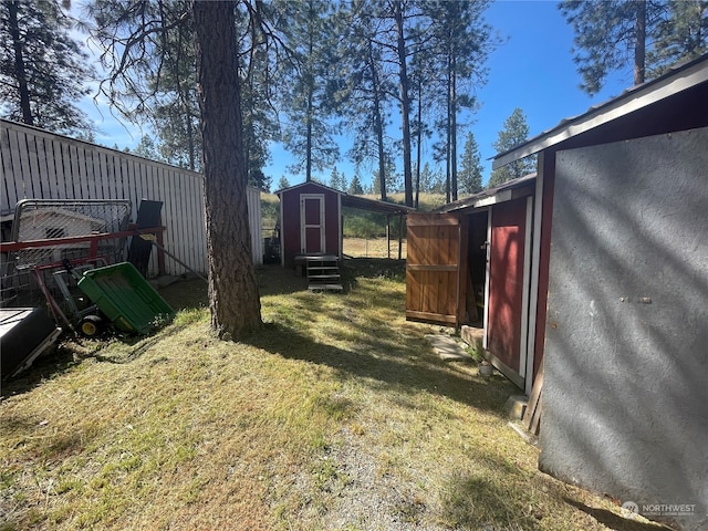 view of yard with a storage unit