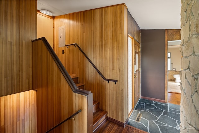 stairway with hardwood / wood-style floors