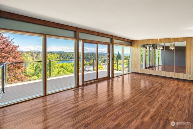 interior space featuring dark hardwood / wood-style flooring and a water view