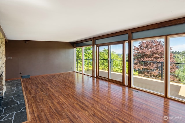 spare room with a stone fireplace, hardwood / wood-style floors, a wealth of natural light, and a wall of windows