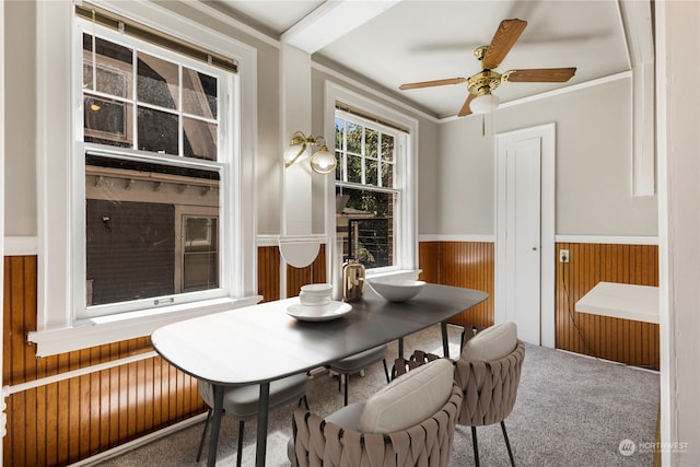 dining space featuring crown molding, carpet flooring, and ceiling fan