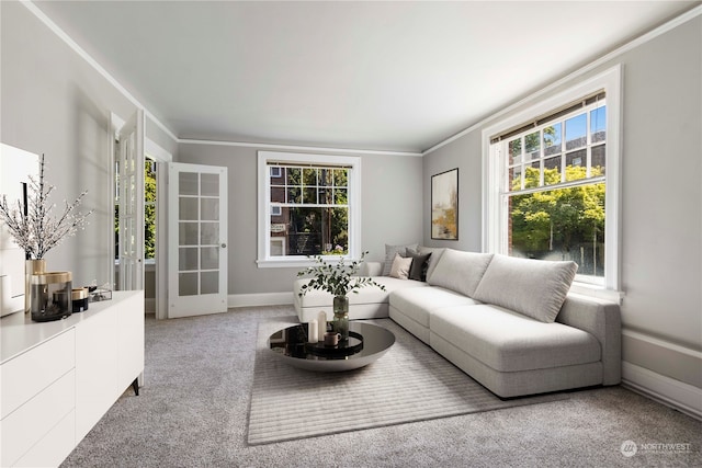 living room with light carpet and crown molding