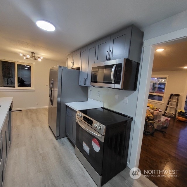 kitchen with gray cabinets, appliances with stainless steel finishes, and light hardwood / wood-style floors