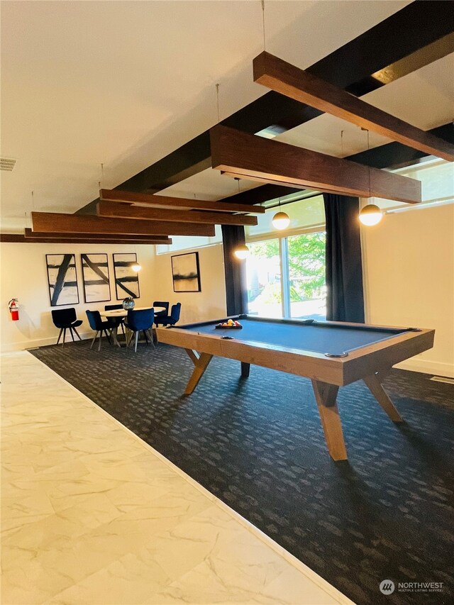 playroom featuring billiards and beamed ceiling