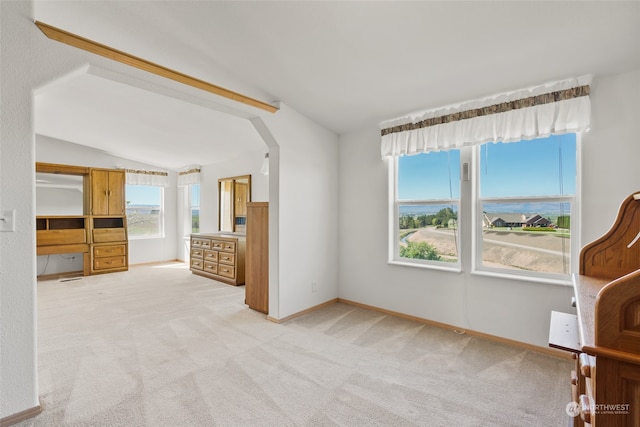 carpeted empty room featuring vaulted ceiling and plenty of natural light