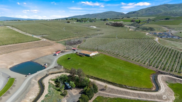 drone / aerial view featuring a mountain view and a rural view