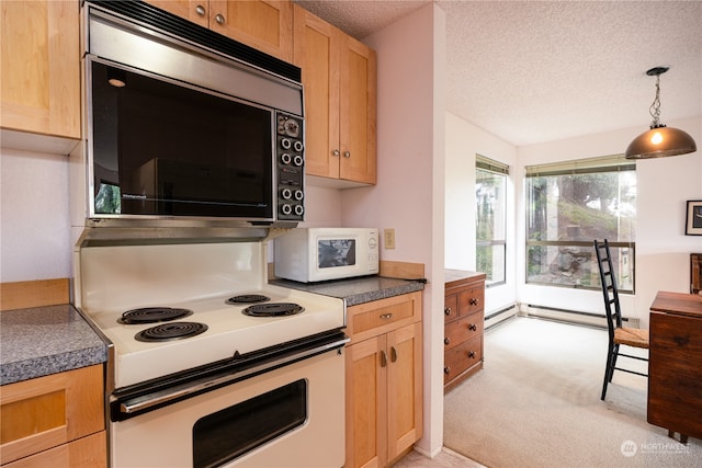 kitchen featuring a textured ceiling, a baseboard radiator, electric range, decorative light fixtures, and light colored carpet