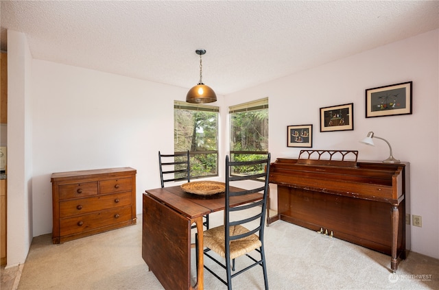 carpeted dining space with a textured ceiling