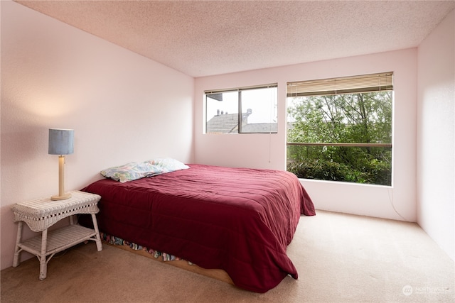 carpeted bedroom featuring a textured ceiling and multiple windows