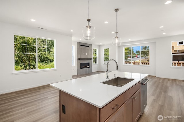 kitchen featuring an island with sink, open floor plan, a sink, and light countertops