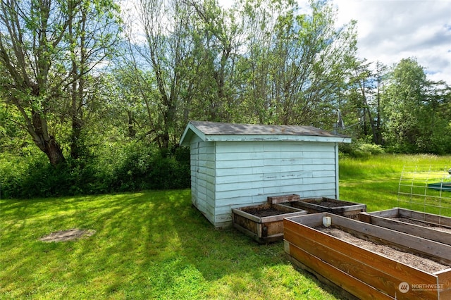 view of shed featuring a garden