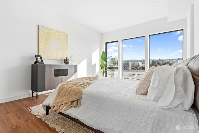 bedroom with dark hardwood / wood-style floors